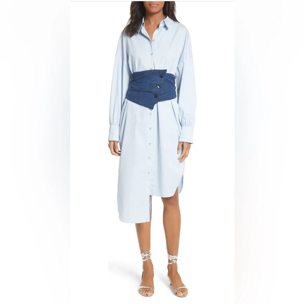 Tibi XS Corset Shirtdress Blue Cotton Poplin Midi Dress - Picture 11 of 12